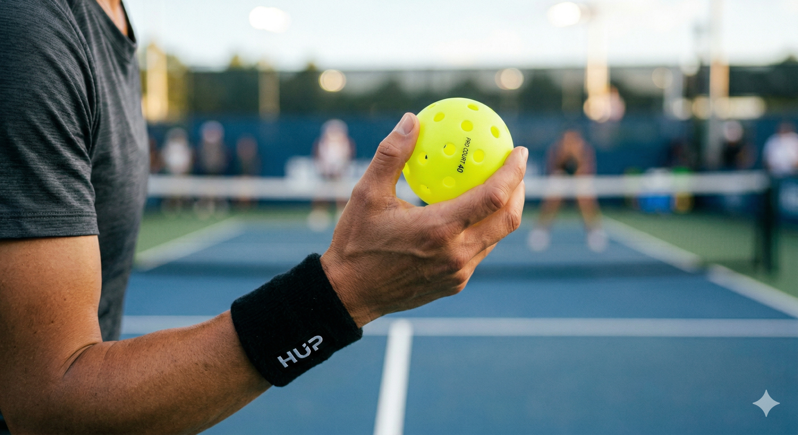 Cận cảnh người chơi cầm quả bóng Pickleball vàng chuẩn thi đấu trên sân ngoài trời tại Hanoi Union Pickleball (HUP).