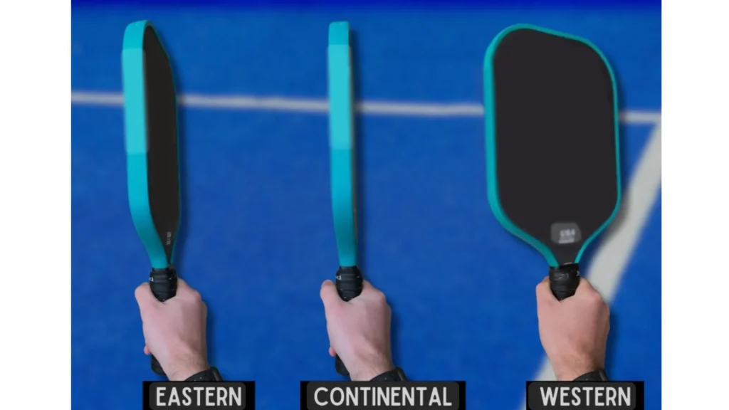  Hình ảnh so sánh vị trí đặt tay giữa ba kiểu cầm Continental, Eastern và Western trên cán vợt