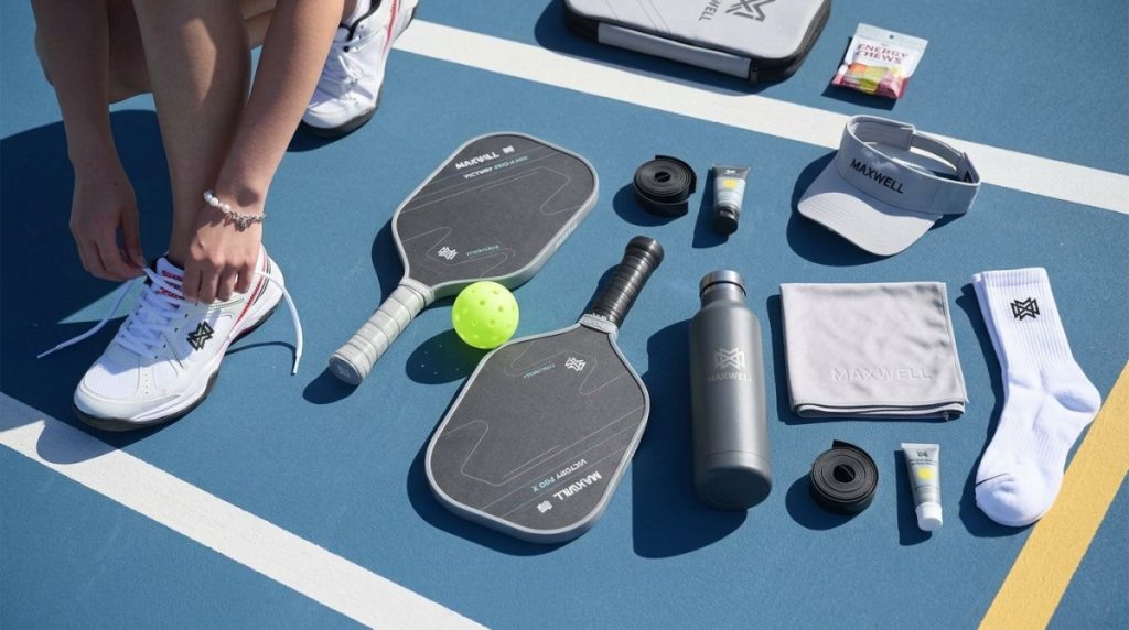 chi phi choi pickleball: nguoi choi dang buoc day giay canh bo dung cu day du gom vot, bong, mu, tat va binh nuoc tren san