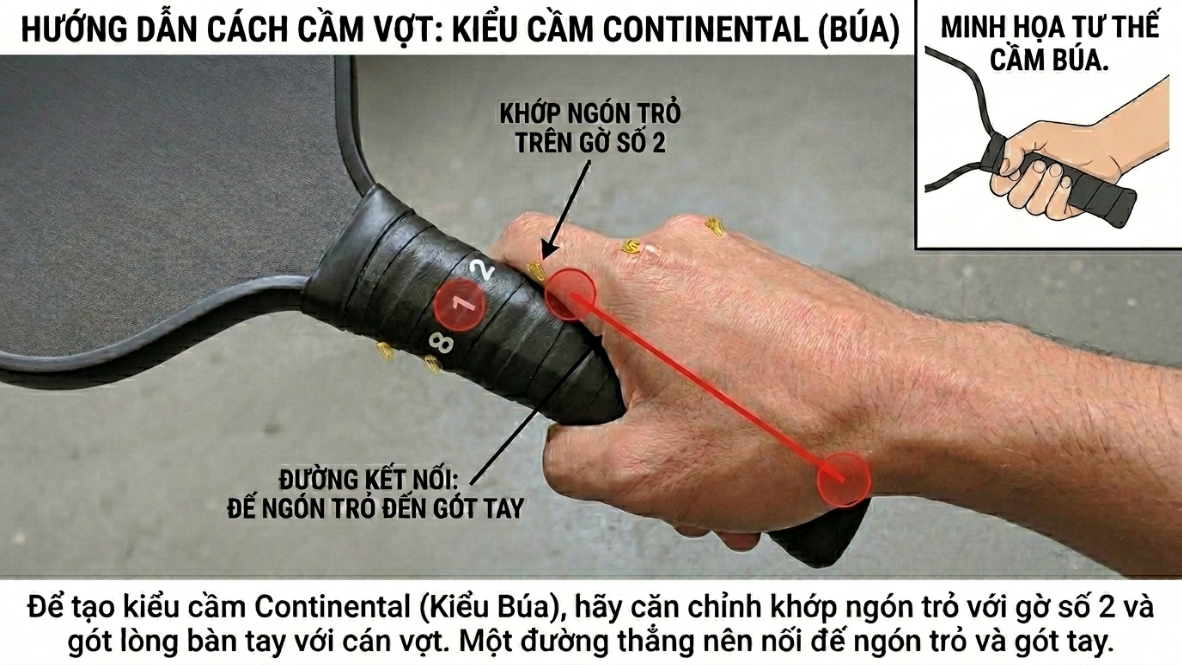 Hướng dẫn cách cầm vợt Pickleball kiểu Continental Grip (Cán số 2) (Đây là phần quan trọng nhất, chứa từ khóa chính và mô tả chính xác nội dung bức ảnh cho Google bot hiểu).