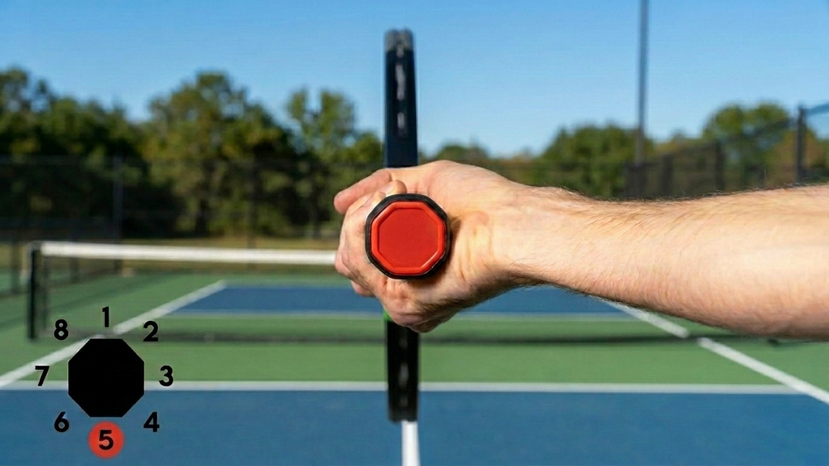 Hình ảnh minh họa mặt cắt dưới cùng của cán vợt Pickleball, hiển thị hệ thống các cạnh được đánh số để hướng dẫn người mới chơi cách xác định vị trí đặt tay đúng kỹ thuật.