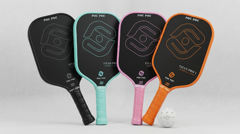 Vợt Pickleball POP POC Titan Pro với 4 phiên bản màu sắc: đen, xanh, hồng, cam - lựa chọn lý tưởng khi review vợt pickleball cho người mới chơi.