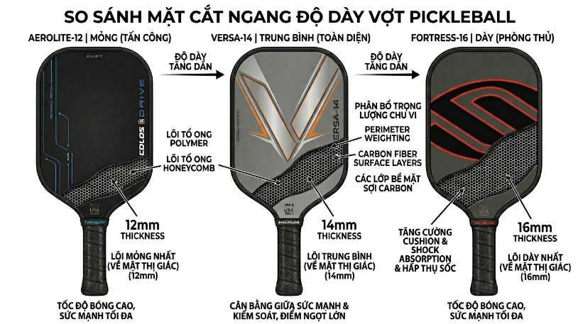Ảnh so sánh mặt cắt độ dày 3 loại vợt Pickleball: mỏng (chuyên công), trung bình (toàn diện) và dày (chuyên thủ) - Hanoi Union Pickleball review vợt pickleball cho người mới chơi.